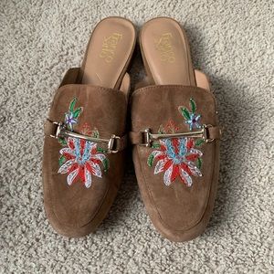 Franco Sarto Floral Embroidered Suede Mules